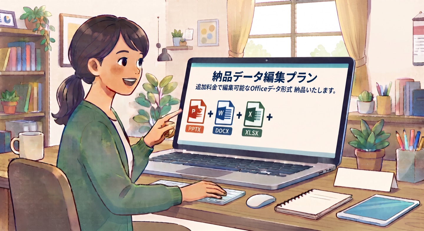 PowerPoint、Word、Excelなどの編集データで納品できることを紹介するイメージ