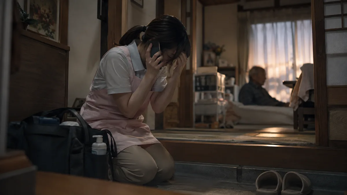 AI生成のイメージ画像：訪問先の住宅で、不安を抱えながら電話をする介護スタッフ。実際の人物・場所とは異なります。