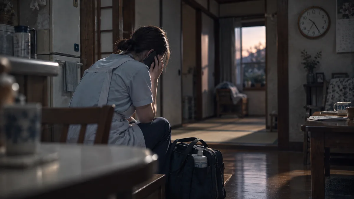 AI生成のイメージ画像:住宅内で電話をしながらうつむく介護スタッフ。実際の人物・場所とは異なります。