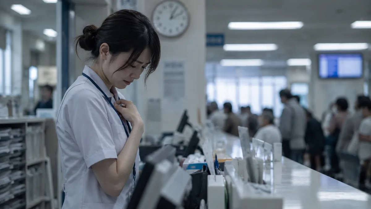AI生成のイメージ画像：混雑する病院の外来受付で、不安そうにうつむくスタッフ。実際の人物・場所とは異なります。