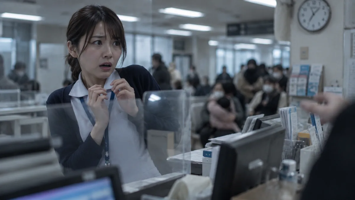 AI生成のイメージ画像：病院のアクリル板越しの窓口で、身を引く受付スタッフ。実際の人物・場所とは異なります。