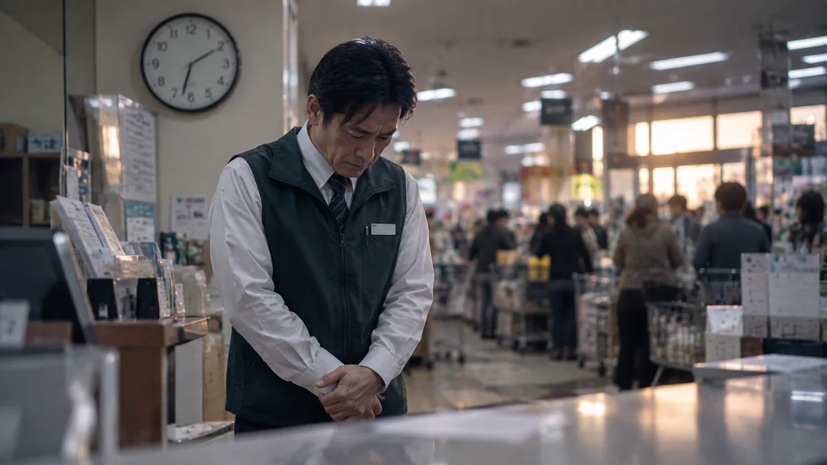 AI生成のイメージ画像:スーパーのサービスカウンターで頭を下げるスタッフ。実際の人物・場所とは異なります。