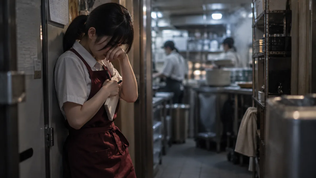 AI生成のイメージ画像:飲食店の厨房裏で涙を拭うスタッフ。実際の人物・場所とは異なります。