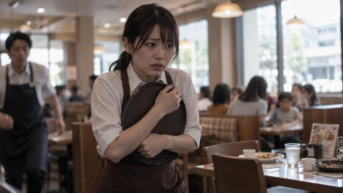 AI生成のイメージ画像：混雑する飲食店で、トレーを抱えて怯えるスタッフと駆けつける同僚。実際の人物・場所とは異なります。