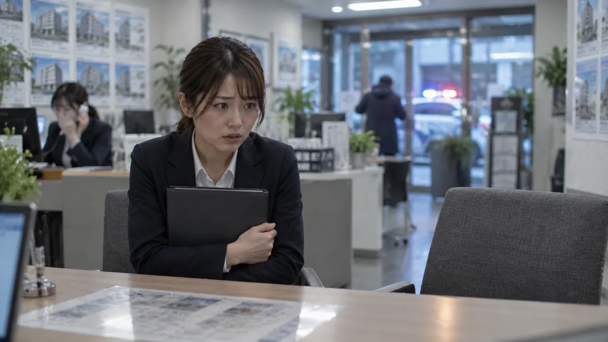 AI生成のイメージ画像：警察車両が見える不動産仲介店舗で、不安そうに座るスタッフ。実際の人物・場所とは異なります。